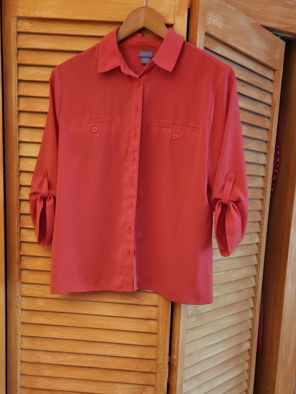 Laura Scott Coral Button-Front Shirt with Roll-Tab Sleeves